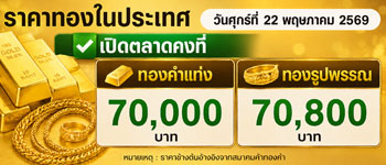 ราคาทองวันนี้เปิดตลาดวันศุกร์คงที่ไม่เปลี่ยนแปลง