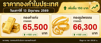 ราคาทองวันเสาร์ที่ 13 มิ.ย. เพิ่มขึ้น 150 บาท