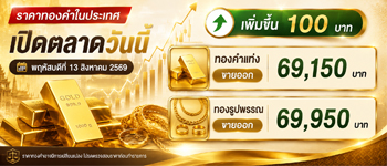 ราคาทองคำพฤหัสบดีที่ 13 ส.ค. 2569 เปิดตลาดเพิ่มขึ้น 100 บาท