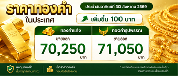 ราคาทองวันนี้อาทิตย์ 30 ส.ค. 69 ปรับตัวเพิ่มขึ้น 100 บาท