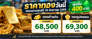 ราคาทองวันนี้ศุกร์ที่ 18 ก.ย. 2569 เปิดตลาดพุ่งขึ้น 400 บาท