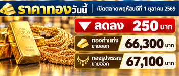 ราคาทองวันนี้พฤหัส 1 ต.ค. 2569 เปิดตลาดลดลง 250 บาท